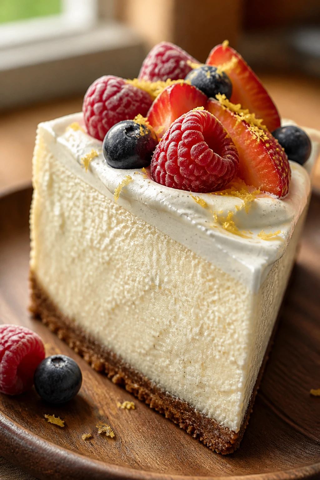 Close-up of fluffy berry-topped cheesecake slice with vanilla specks and lemon zest