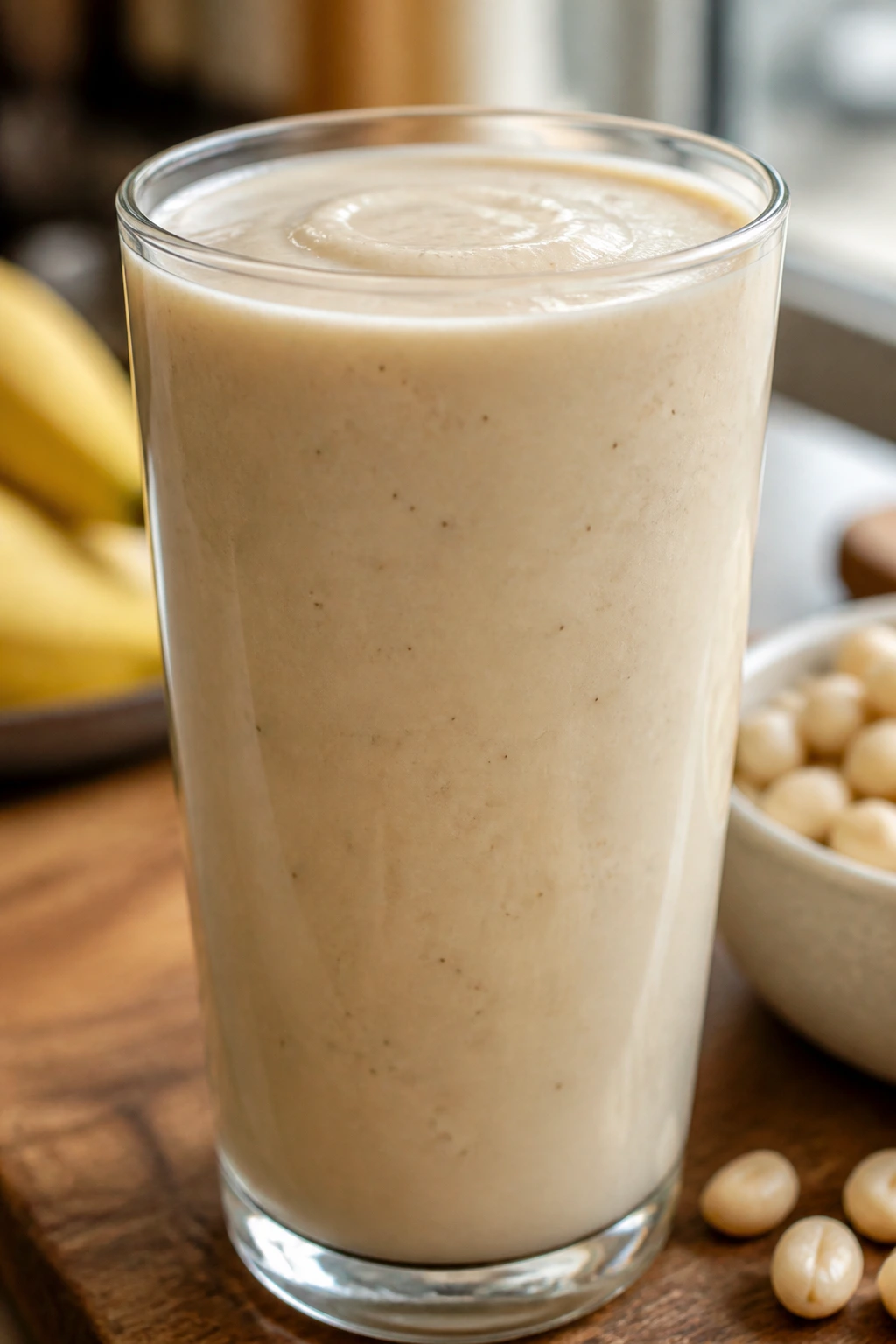 Close-up of vanilla white bean smoothie in a glass on a wooden counter