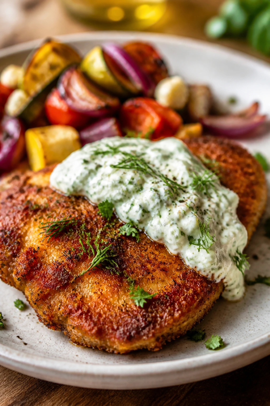 Crispy chicken with lemon-herb cottage cheese sauce and vegetables