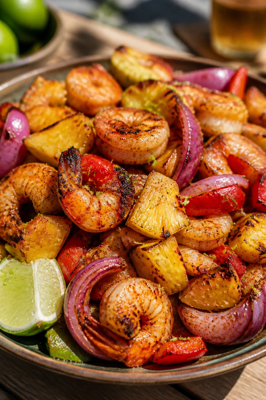 Vibrant tray of shrimp, pineapple, vegetables showing flavor variations for charred bites