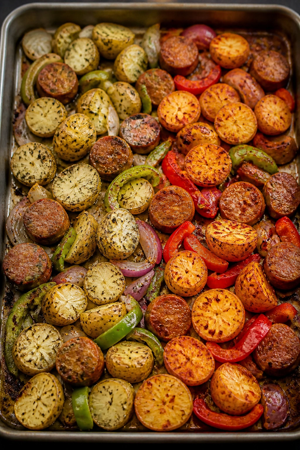 Sheet pan roast with herb-seasoned potatoes on one side and peppers on the other