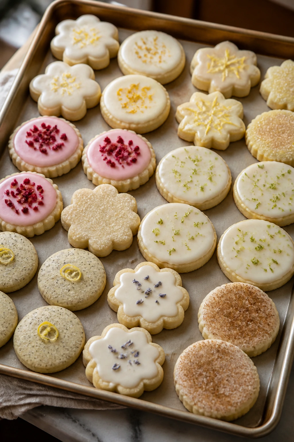 Tray of sugar cookies showing variations like glaze and zest