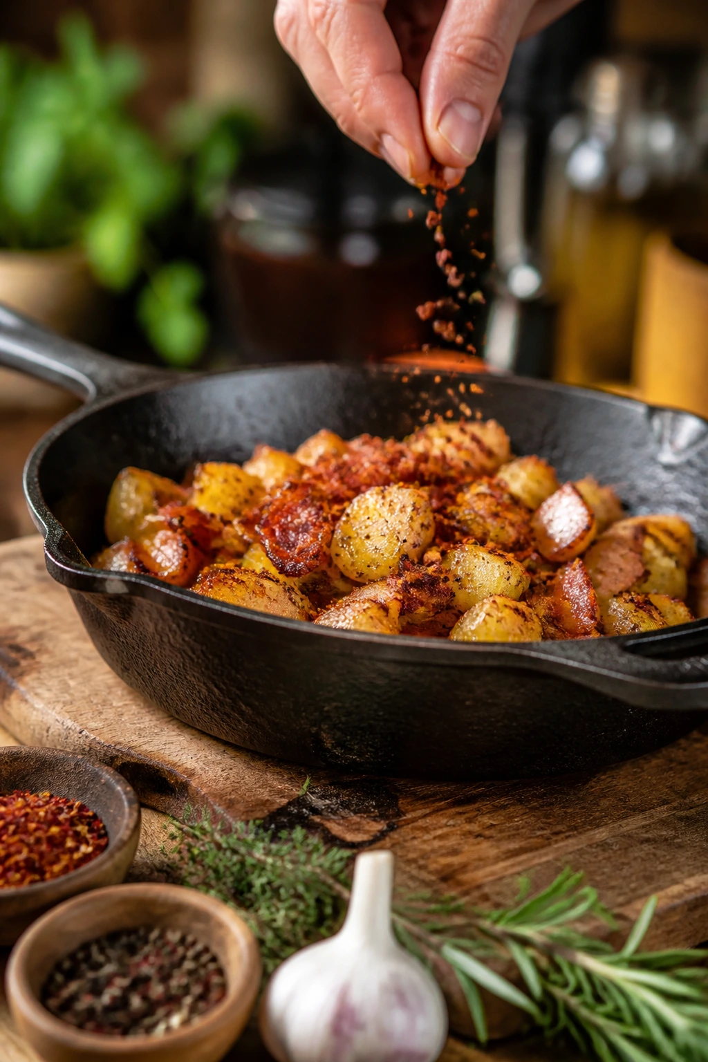 Hand seasoning skillet with spices for bacon variations