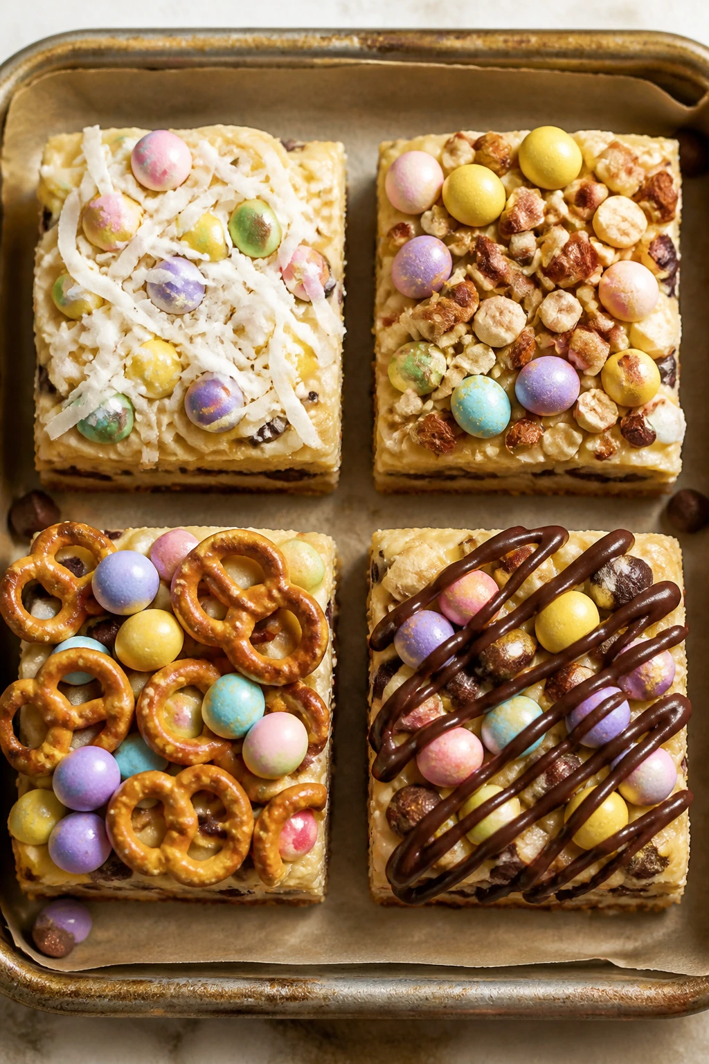 Top-down view of four bars with different toppings