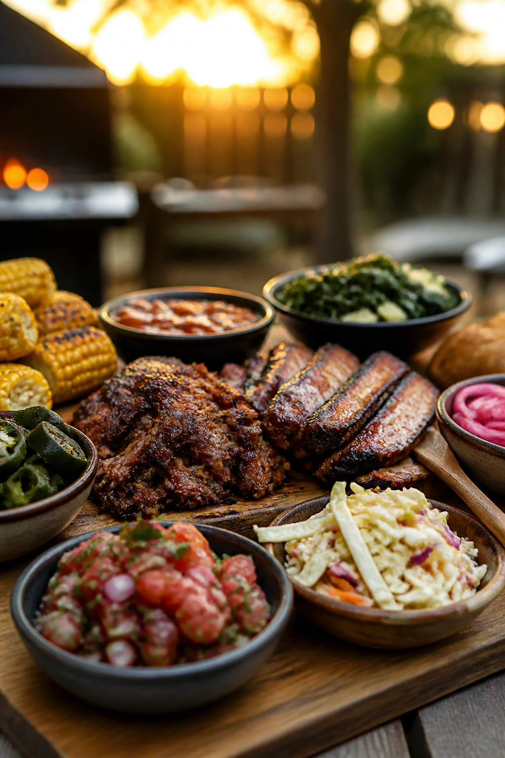 Backyard serving board with grilled meat and varied sides in warm sunset light