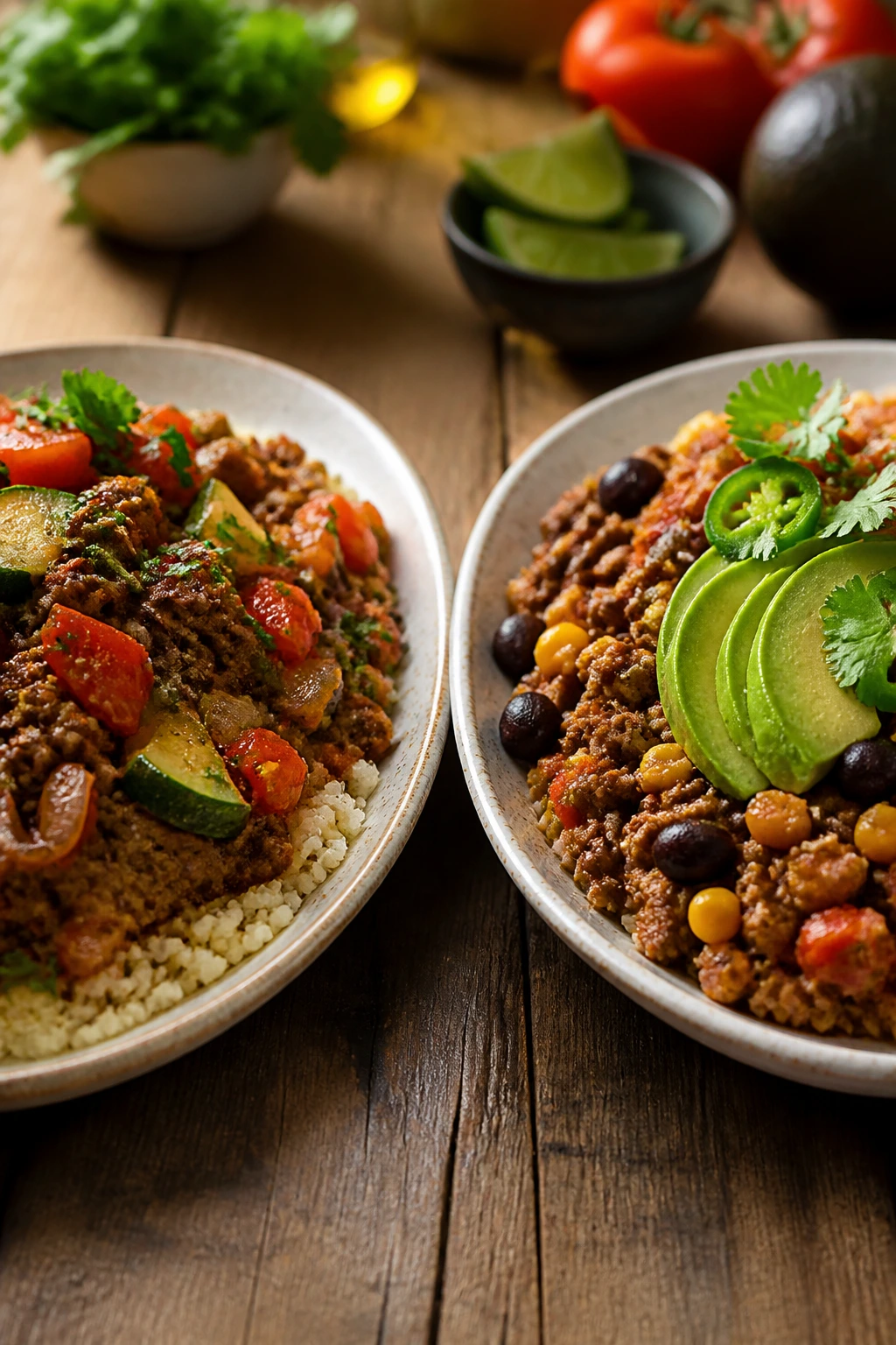 Two variations of a beef dish plated side by side