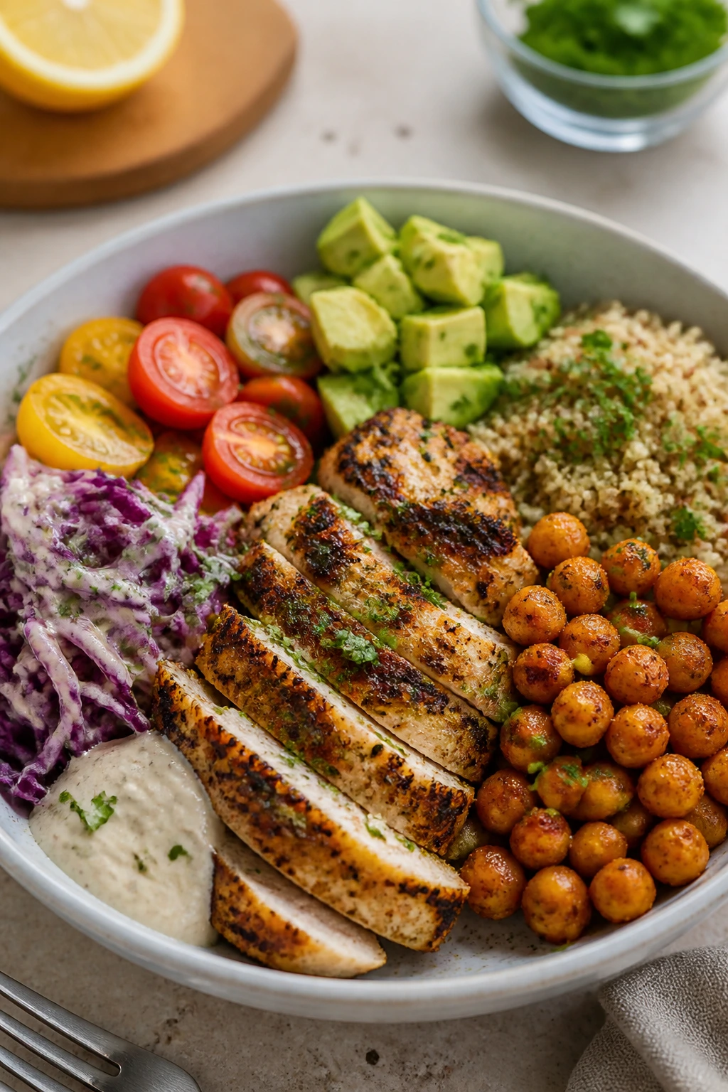 Colorful protein bowl with toppings representing variations