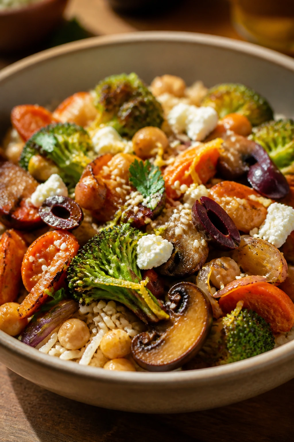 Plated caramelized vegetables and rice with varied garnishes suggesting adaptations