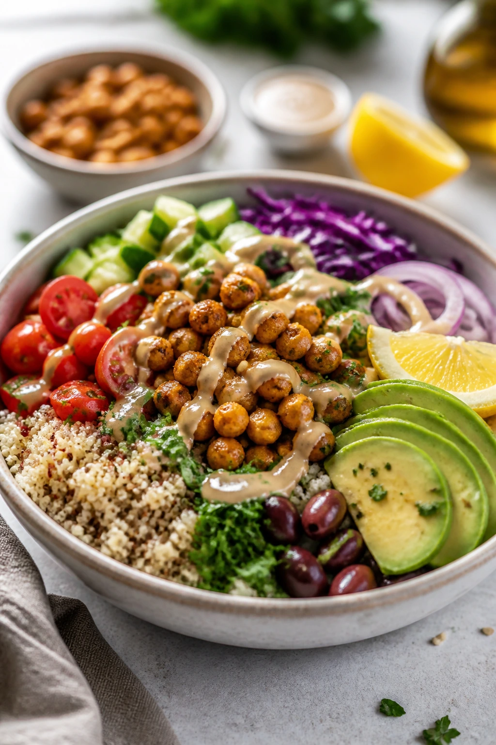 Colorful grain bowl with plant-forward protein and tahini drizzle on a kitchen counter