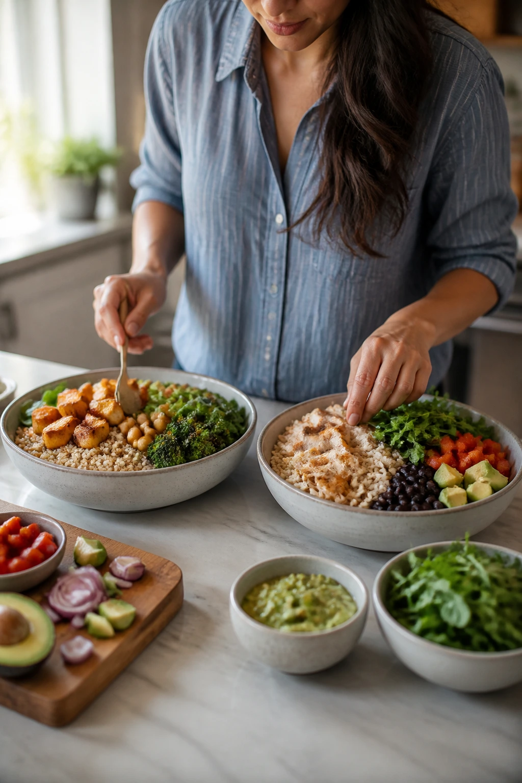 Real person assembling two bowls with different proteins and grains in bright kitchen