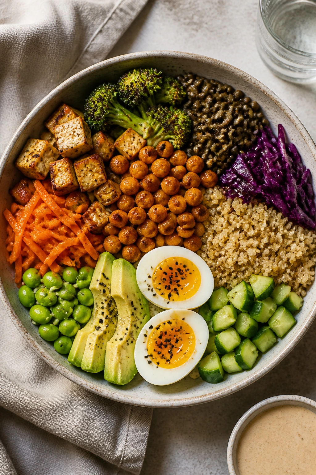 Customizable vegetarian bowl with protein and veg options arranged