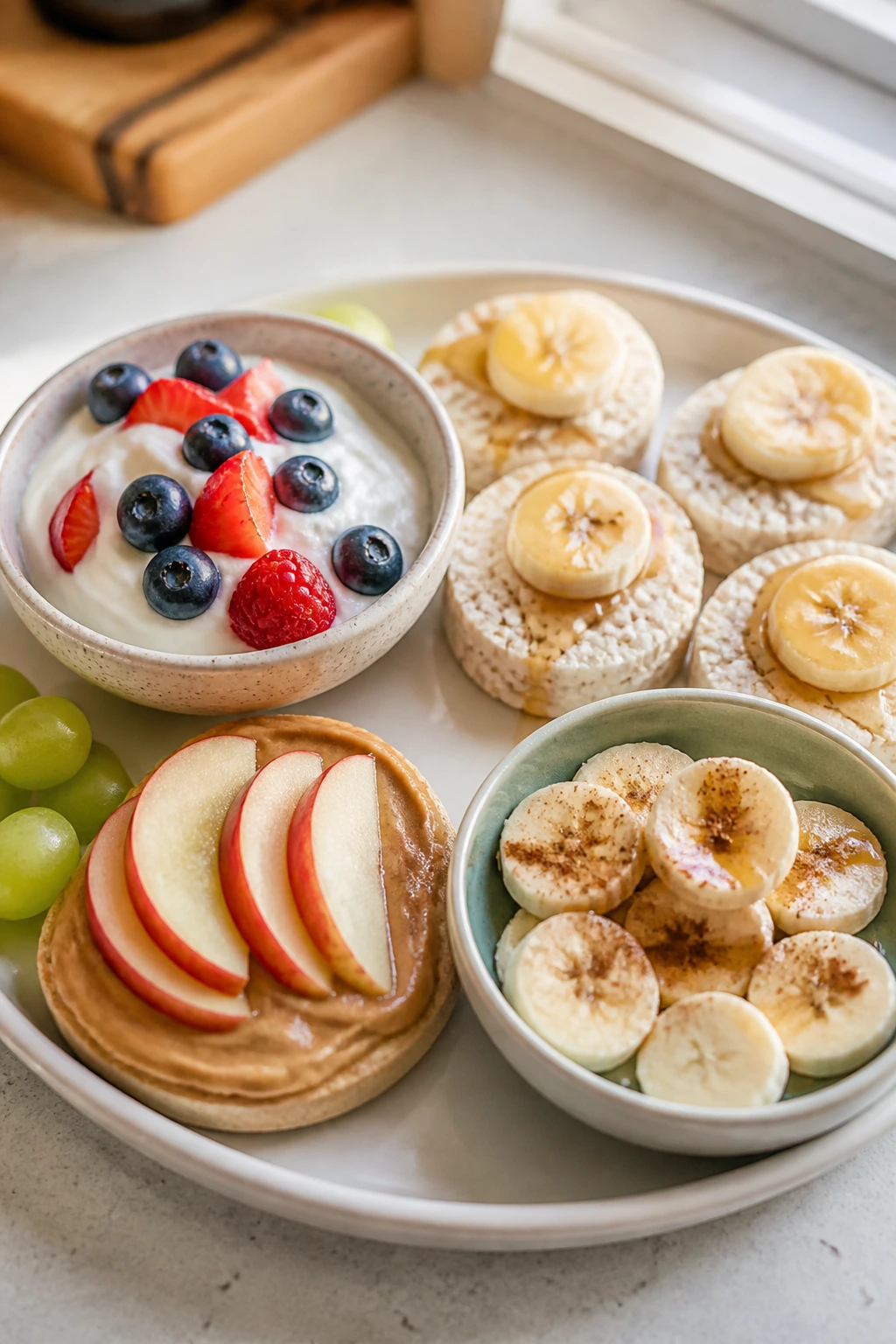 Plate with four variation breakfast items illustrating dairy-free, gluten-free, nut-free, and lower-sugar options