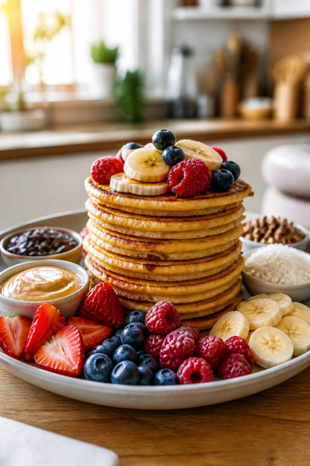 Pancake stack with banana and berry toppings showing variations
