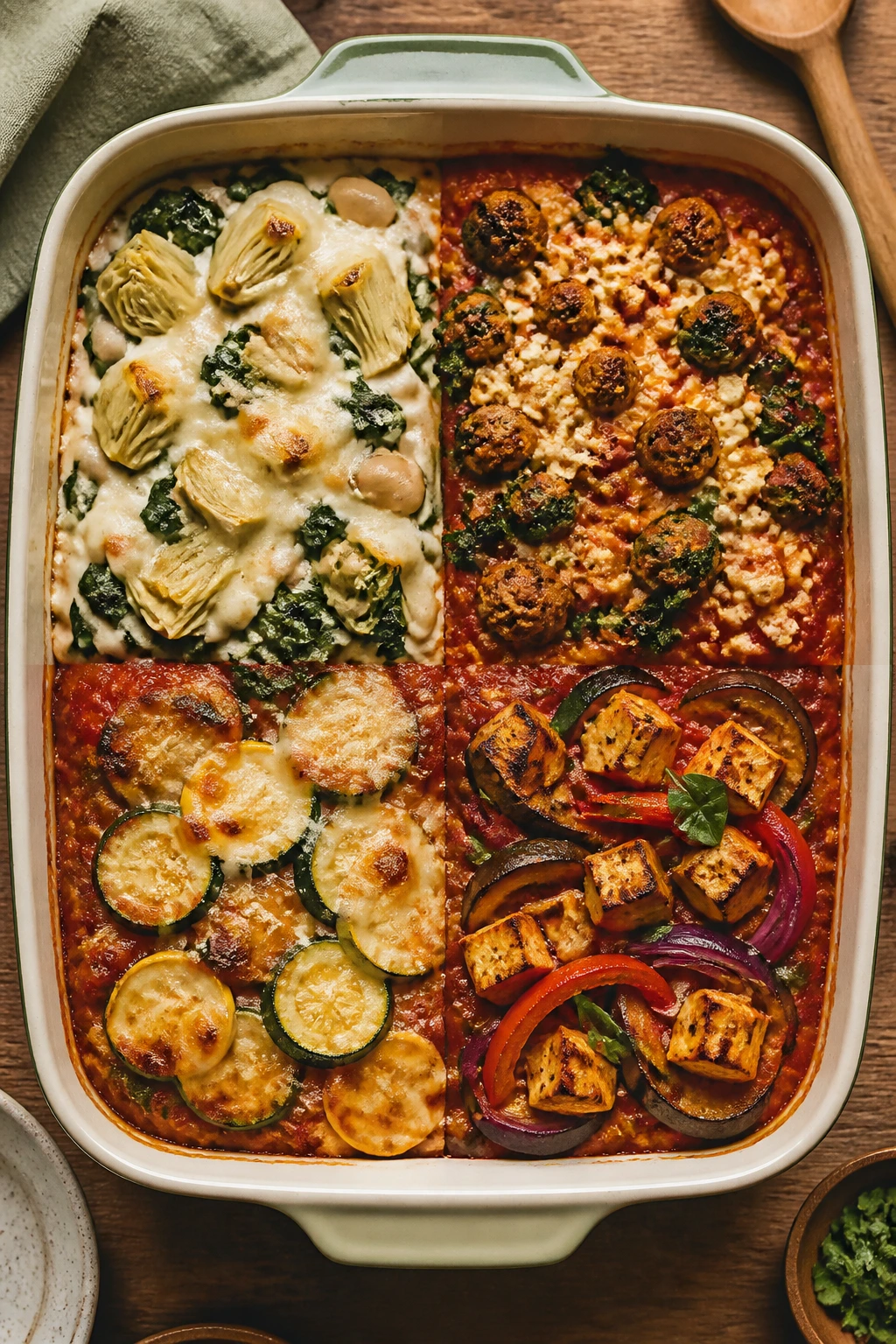 Quad-section casserole showing variations in dairy-light, protein-added, mild, and gluten-free adaptations