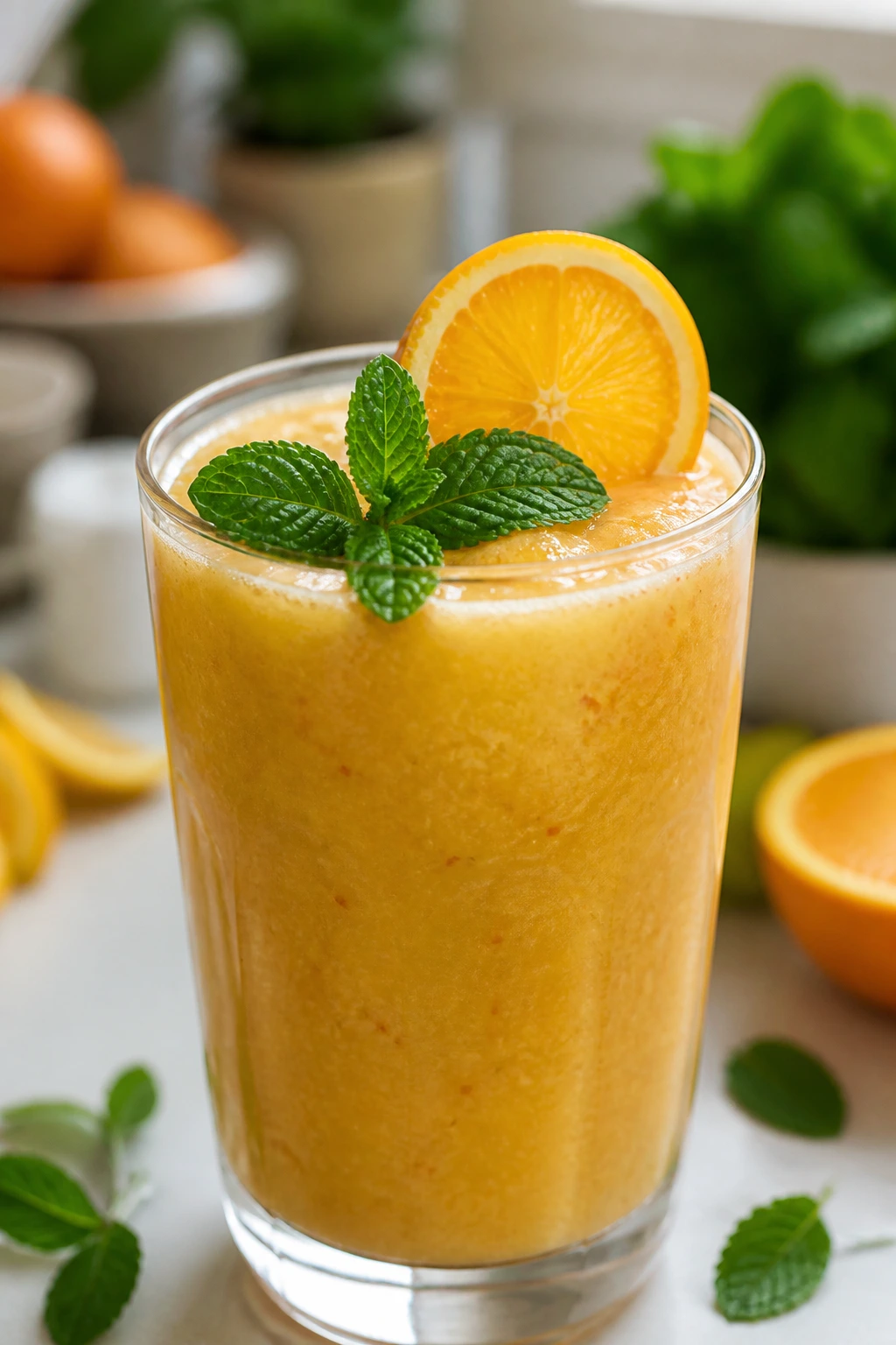 Dairy-free citrus smoothie in a glass with orange slice and mint