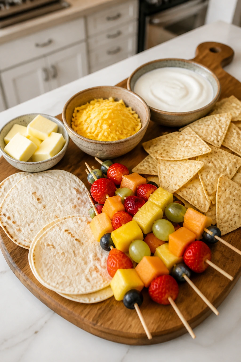 Snack board with dairy-free and gluten-free options and fruit skewers.