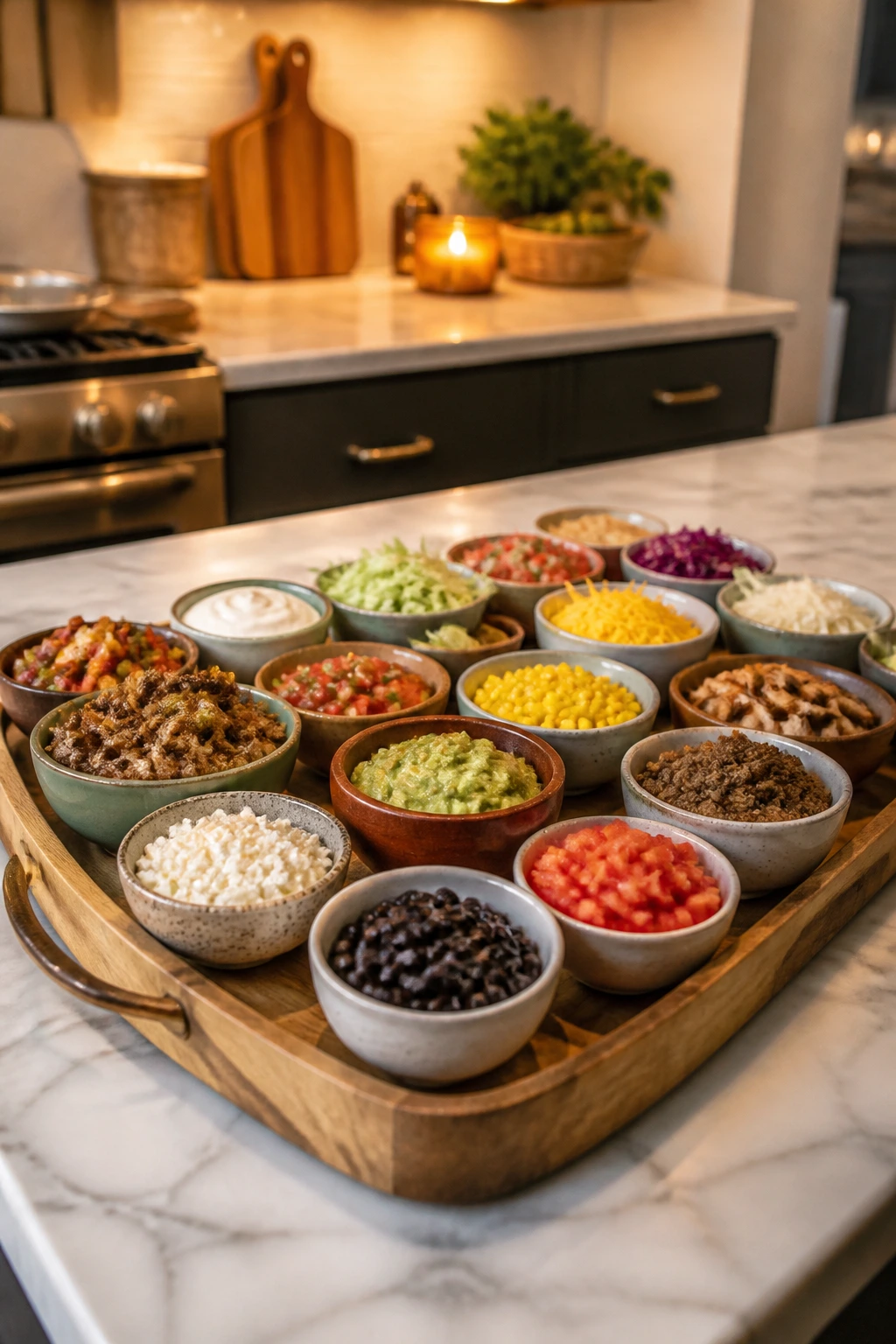 Kitchen island with a large tray and bowls of fillings for build-your-own meals