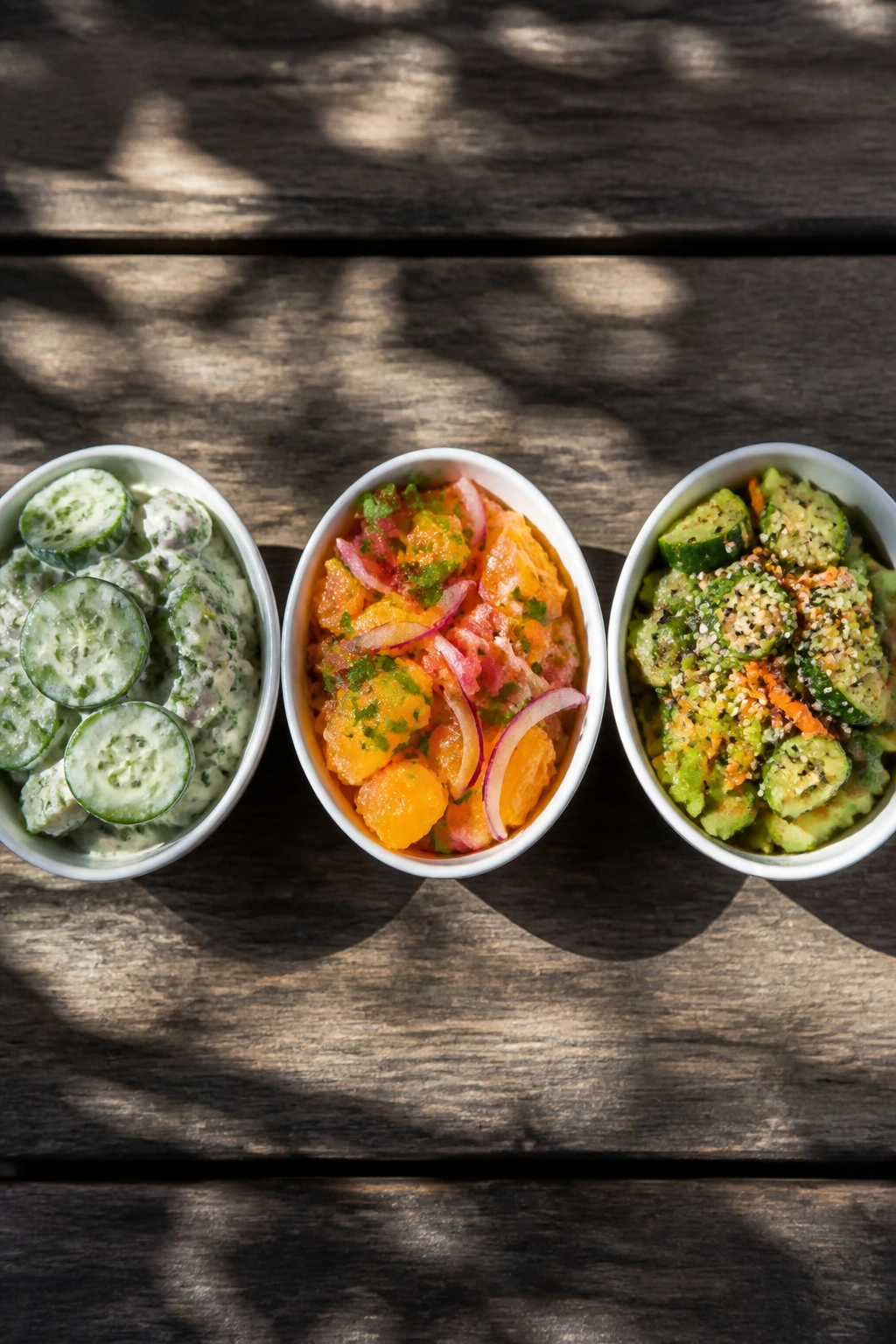 Three bowls showing different dressings for variations