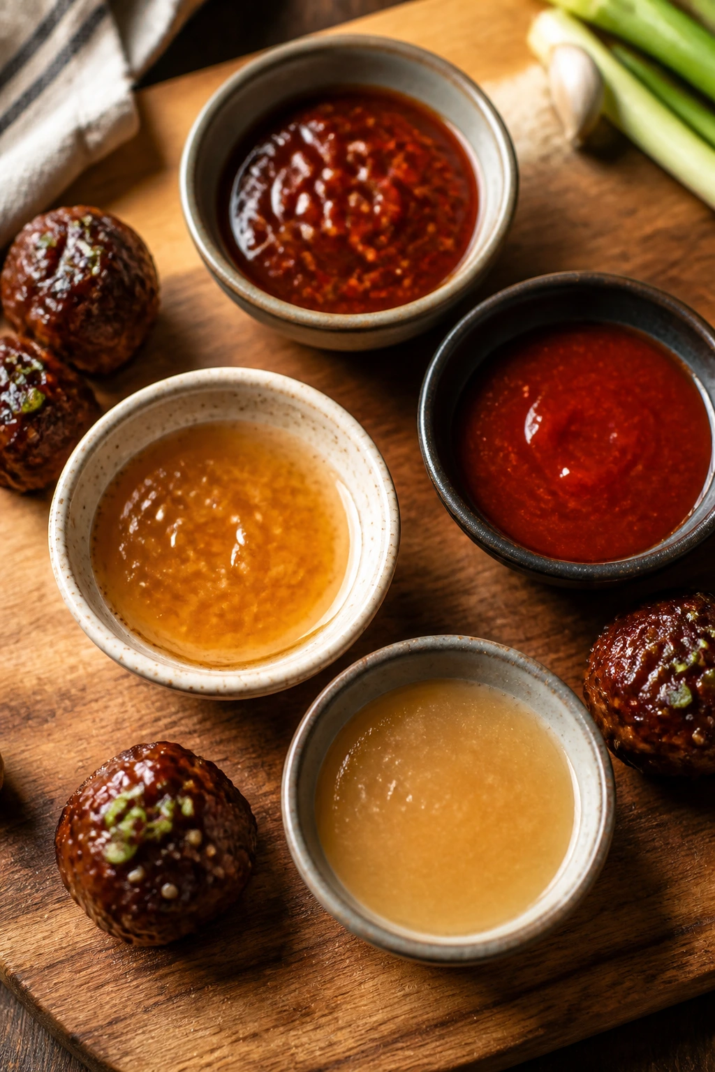 Meatballs with varied glaze options on board