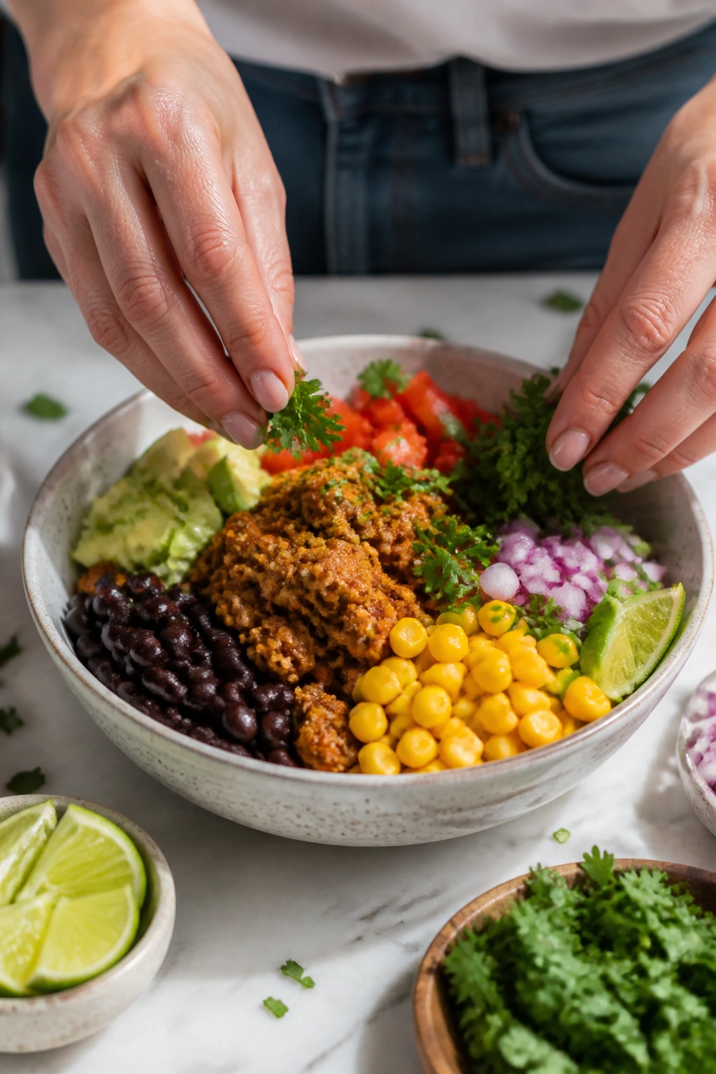 Hands assembling a turkey taco bowl with toppings on a bright counter
