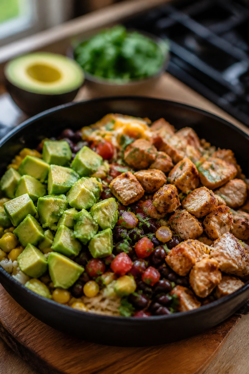 Skillet chicken taco bowl illustrating easy variation options for adaptions