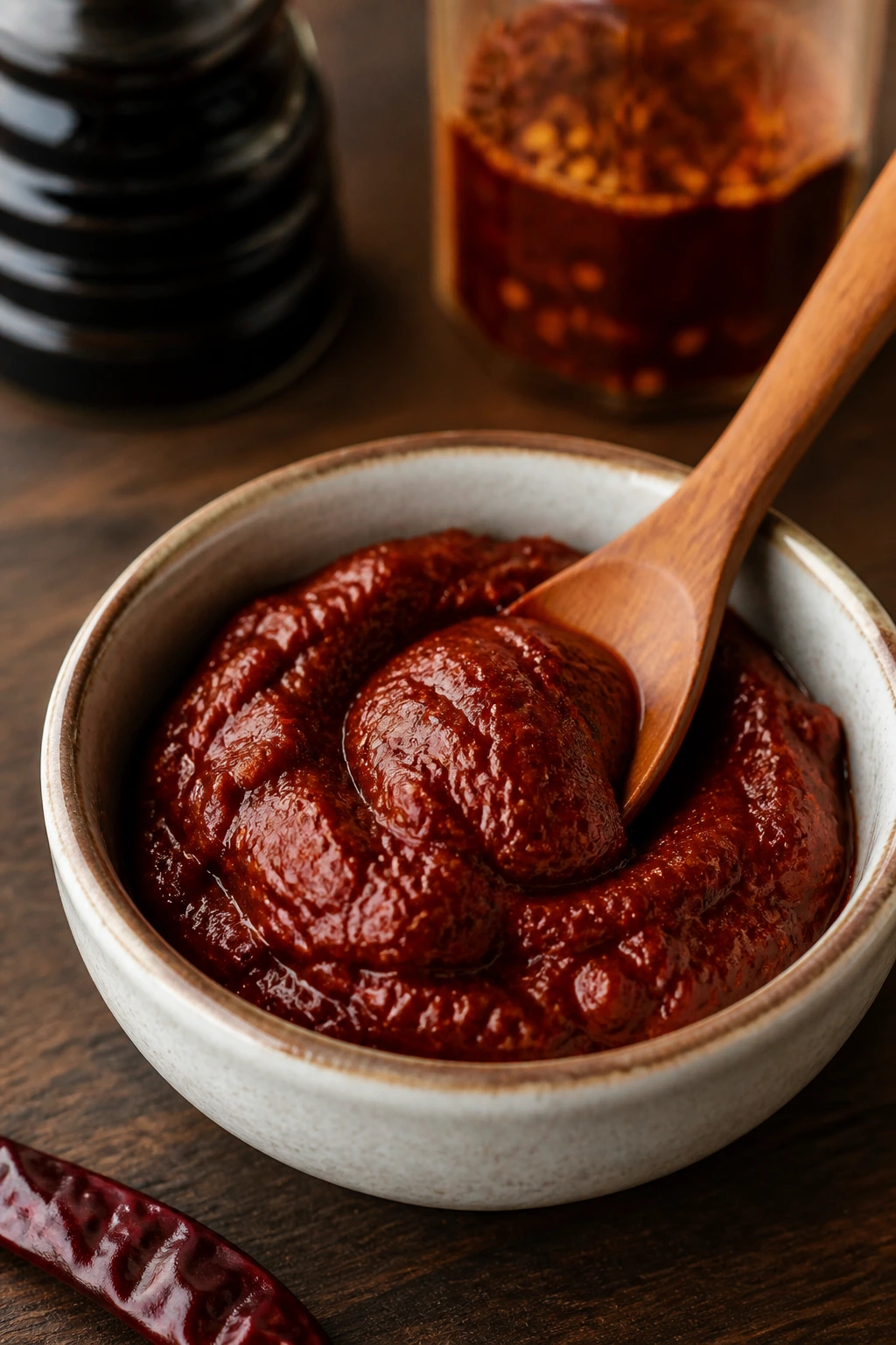 Gochujang in a small dish with tamari and chili oil in the background