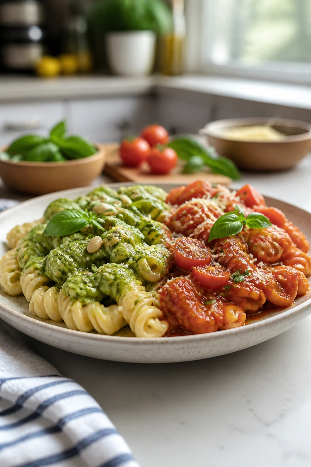 Colorful pasta dish showing variations with different toppings