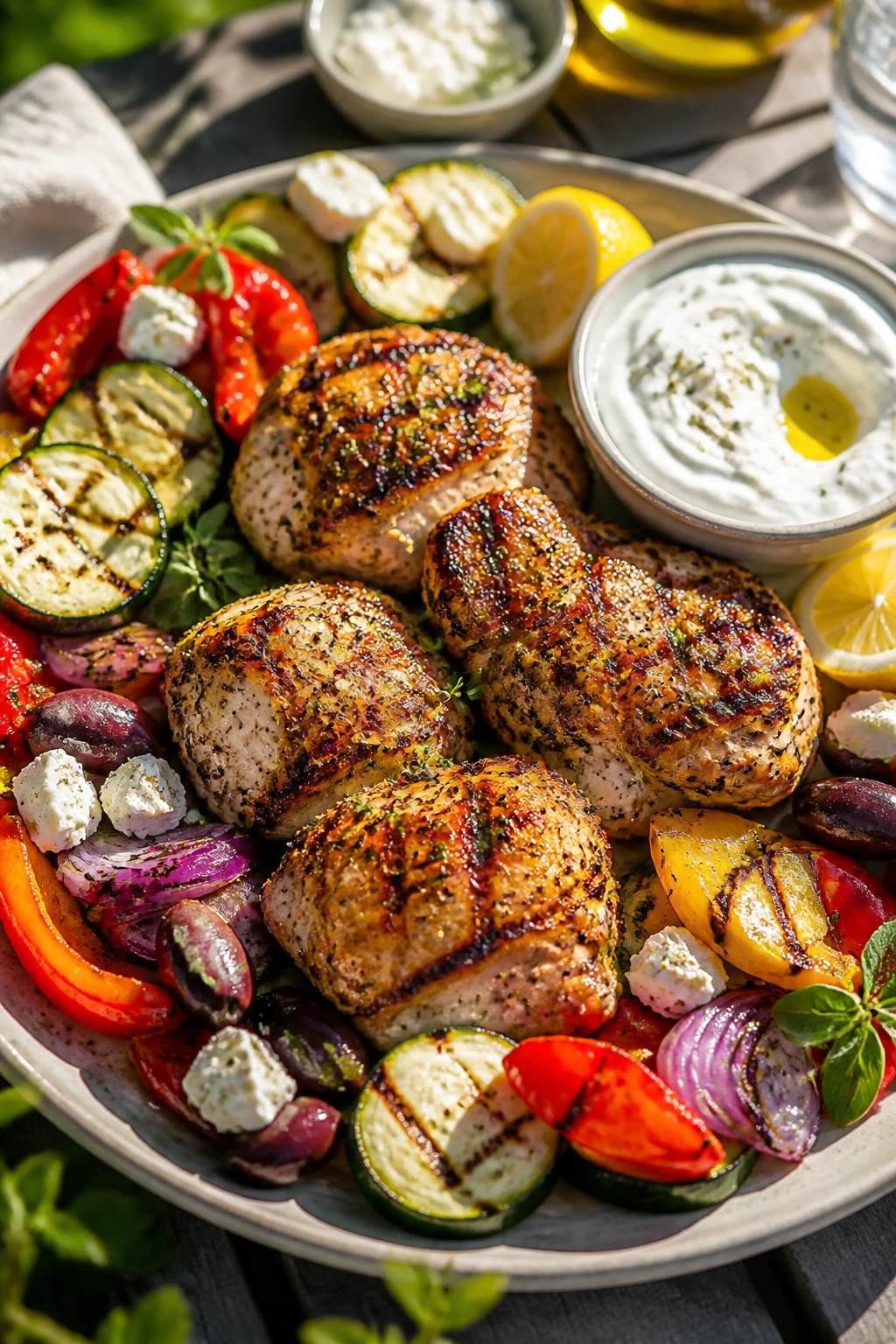 Colorful Mediterranean-inspired chicken and vegetables plate with feta and olives
