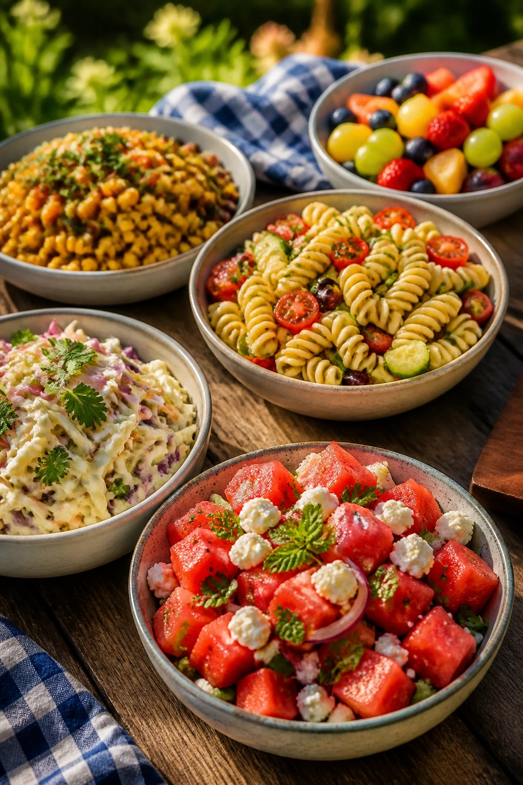 Colorful variety of cold picnic salads on table