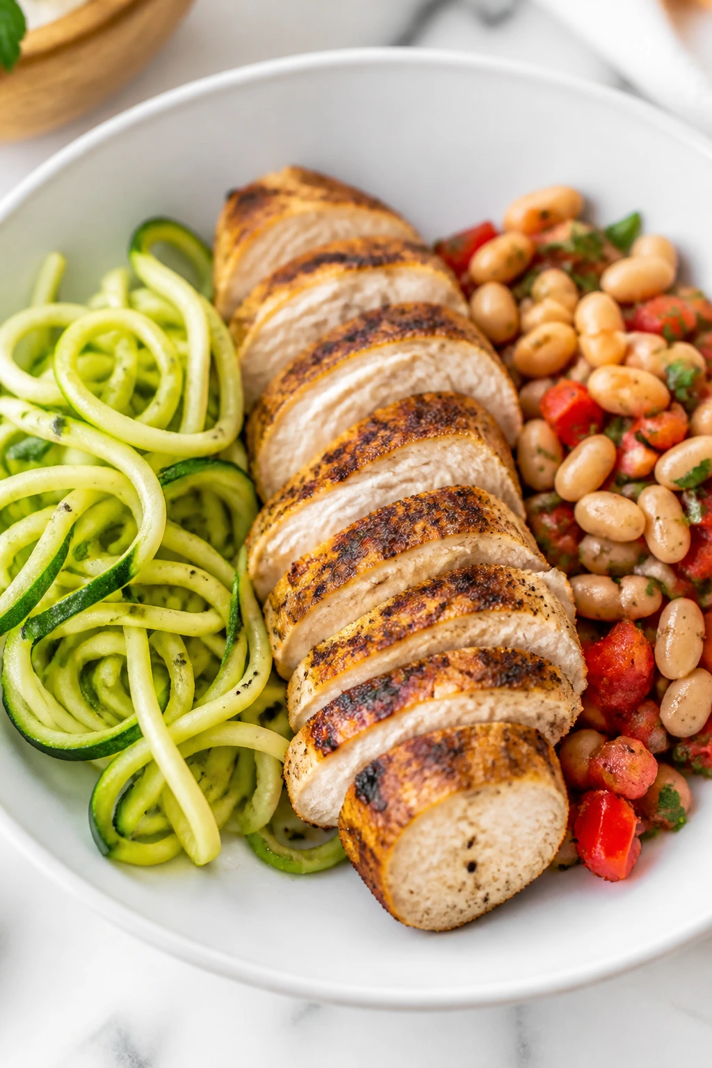 Plate showing variations with chicken, zucchini noodles, and beans.