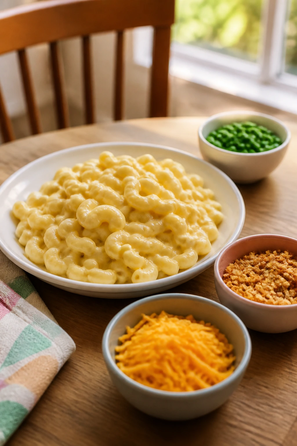Plate with main dish and three toppings bowls for customization