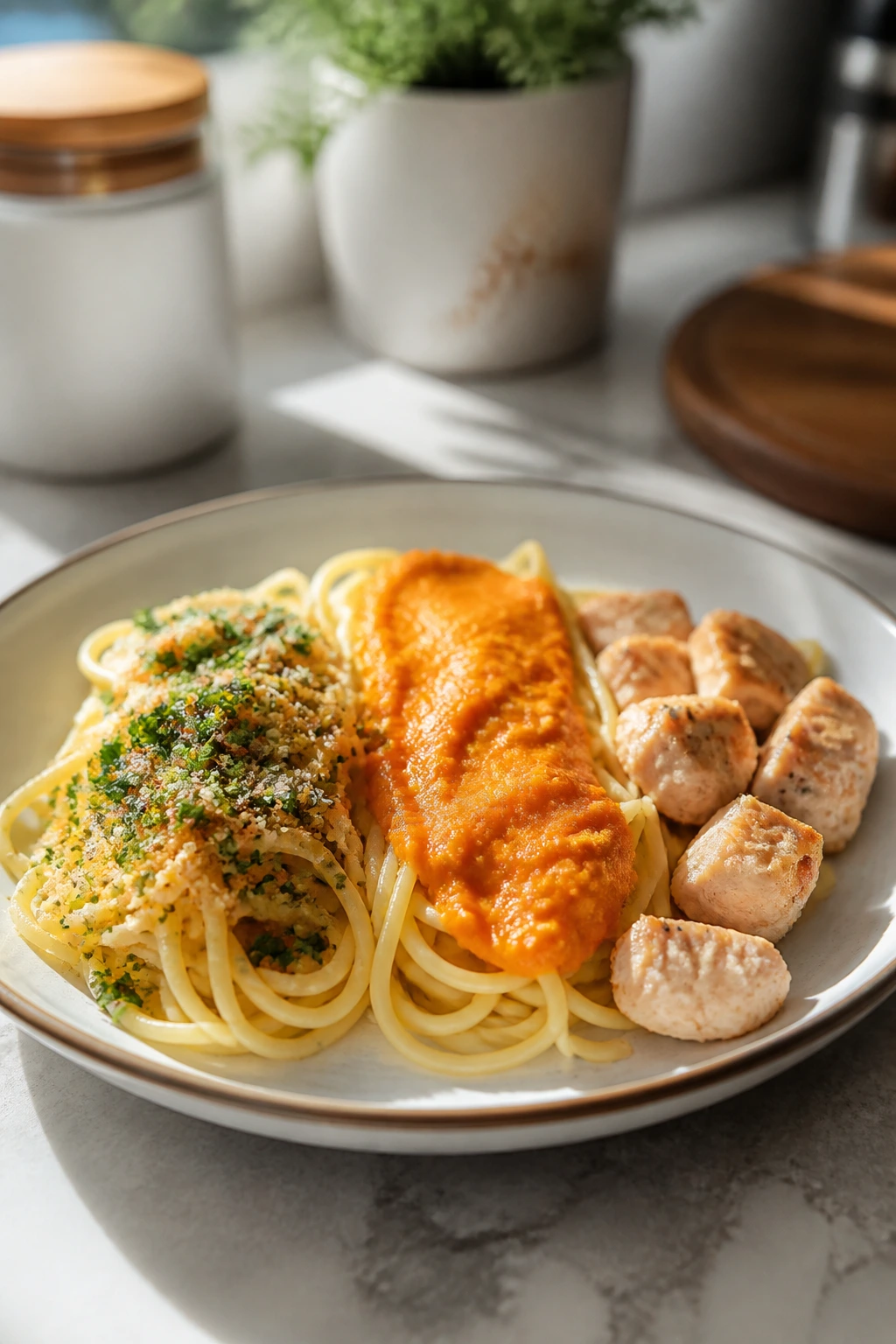 Plate with three topping zones representing recipe variations