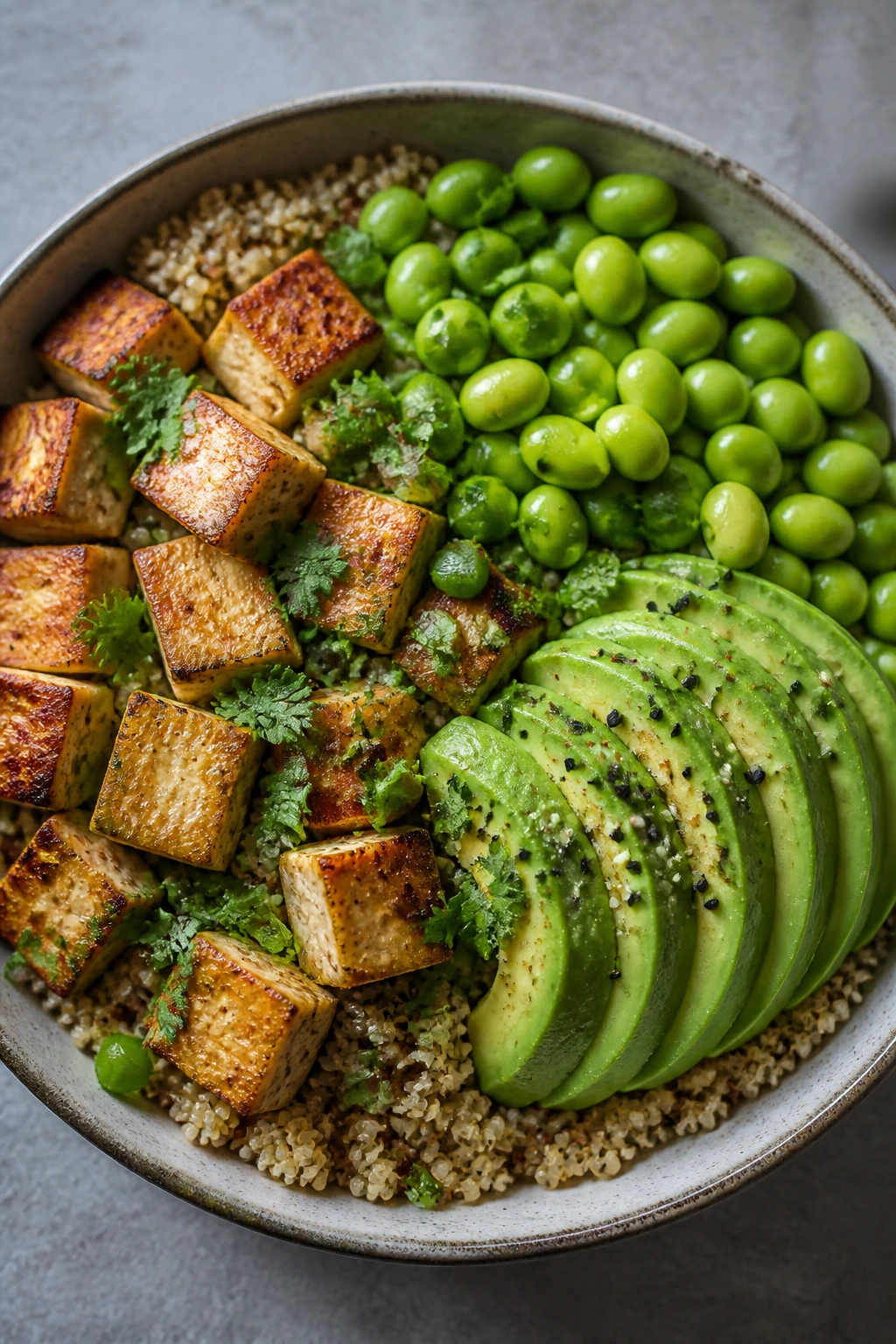 Protein variation bowl showing tofu edamame and avocado