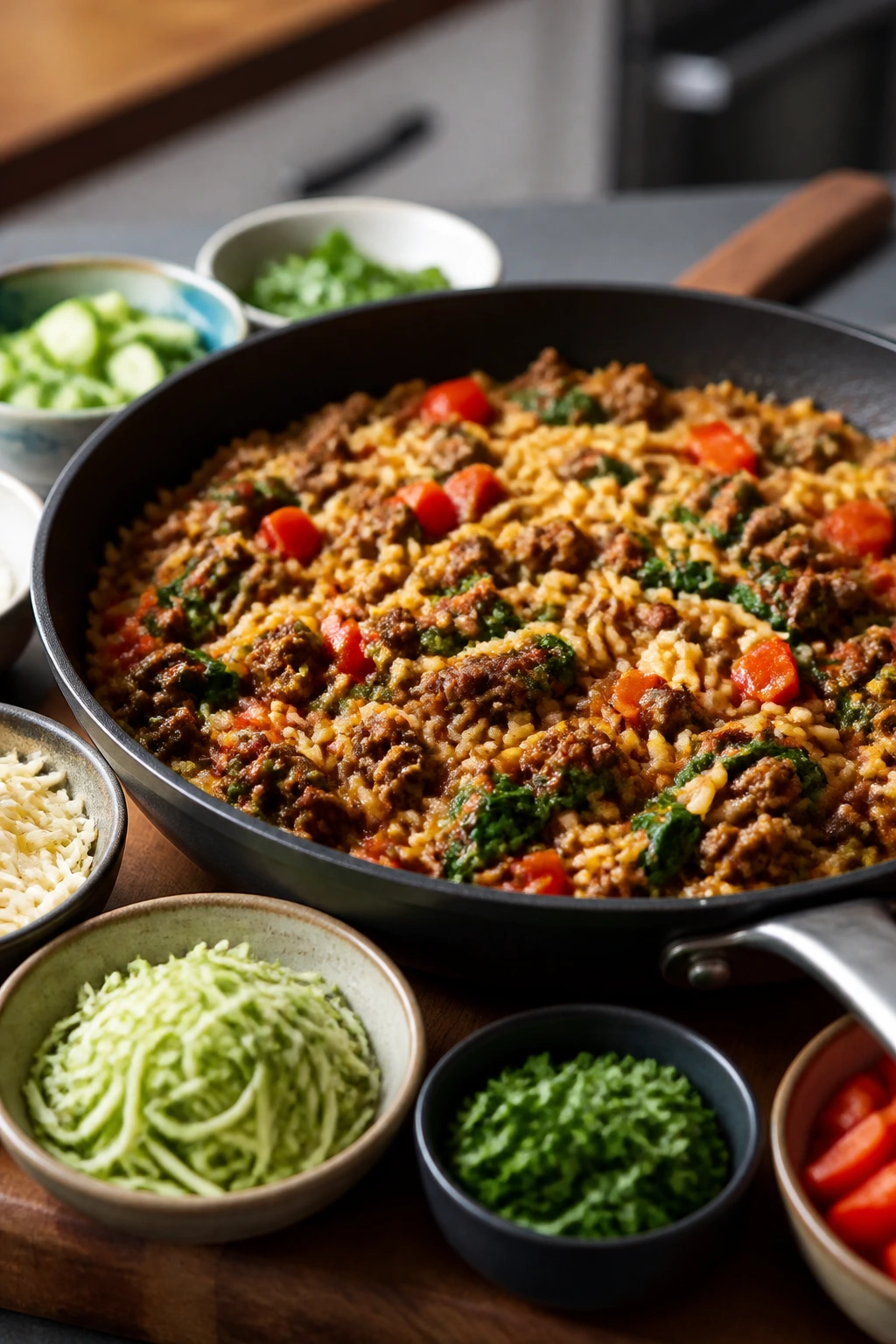 Skillet dinner with add-ins arranged around it for customization