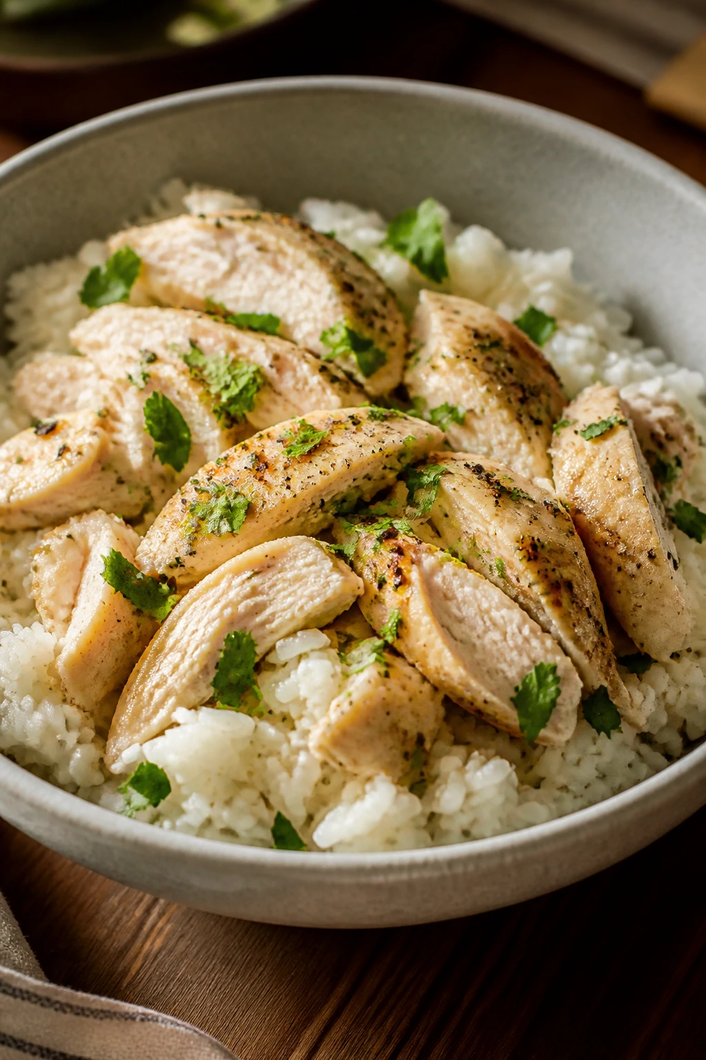 Simple chicken and rice bowl ready for variations