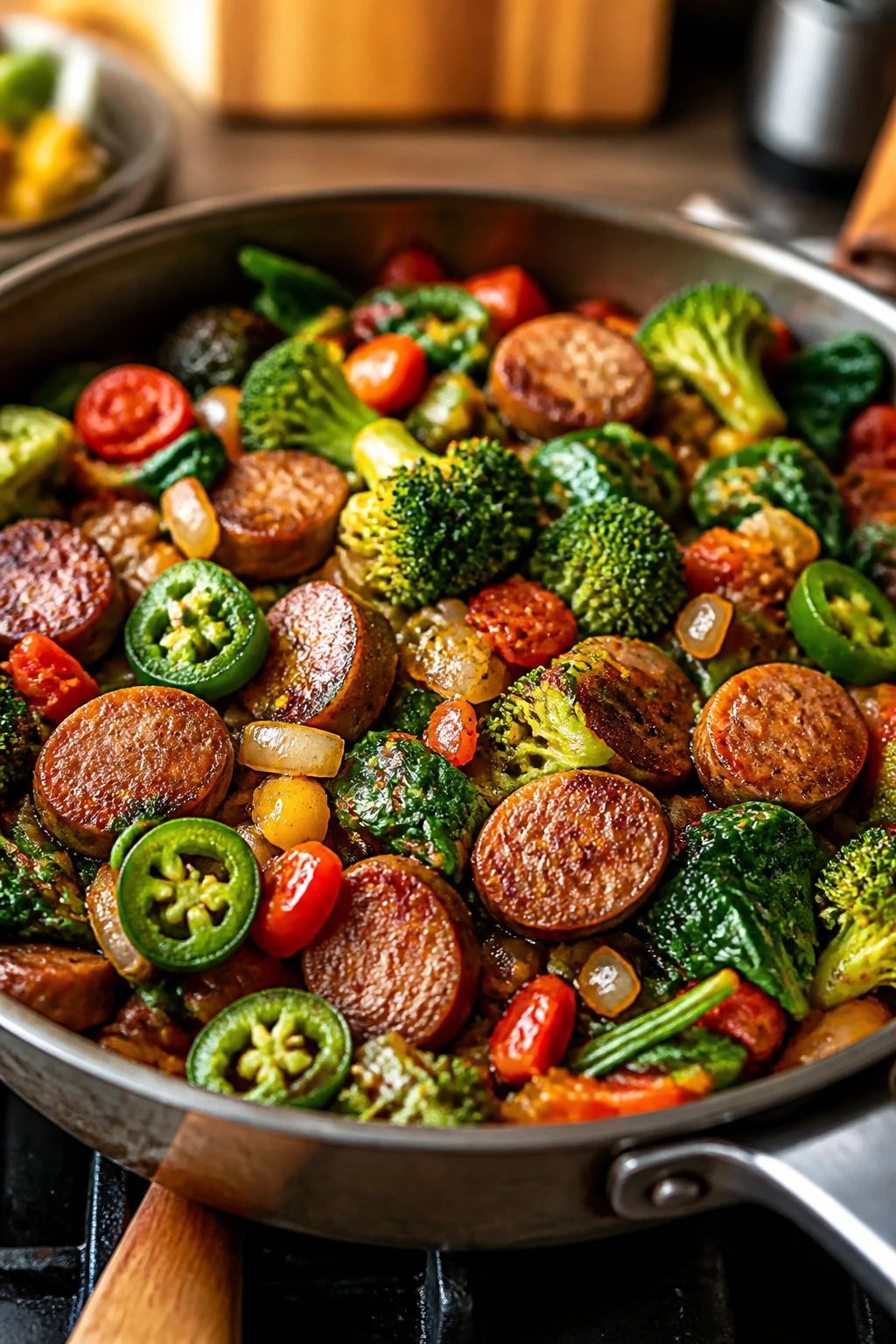 Sausage with colorful vegetables in a skillet illustrating variations.
