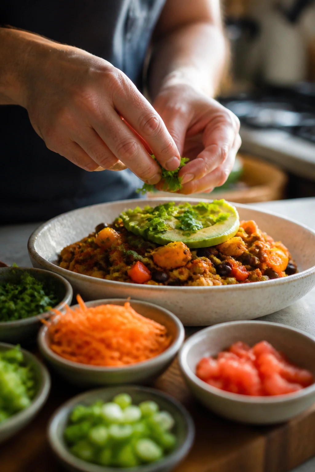 Hands adding herbs to a dish to show variations