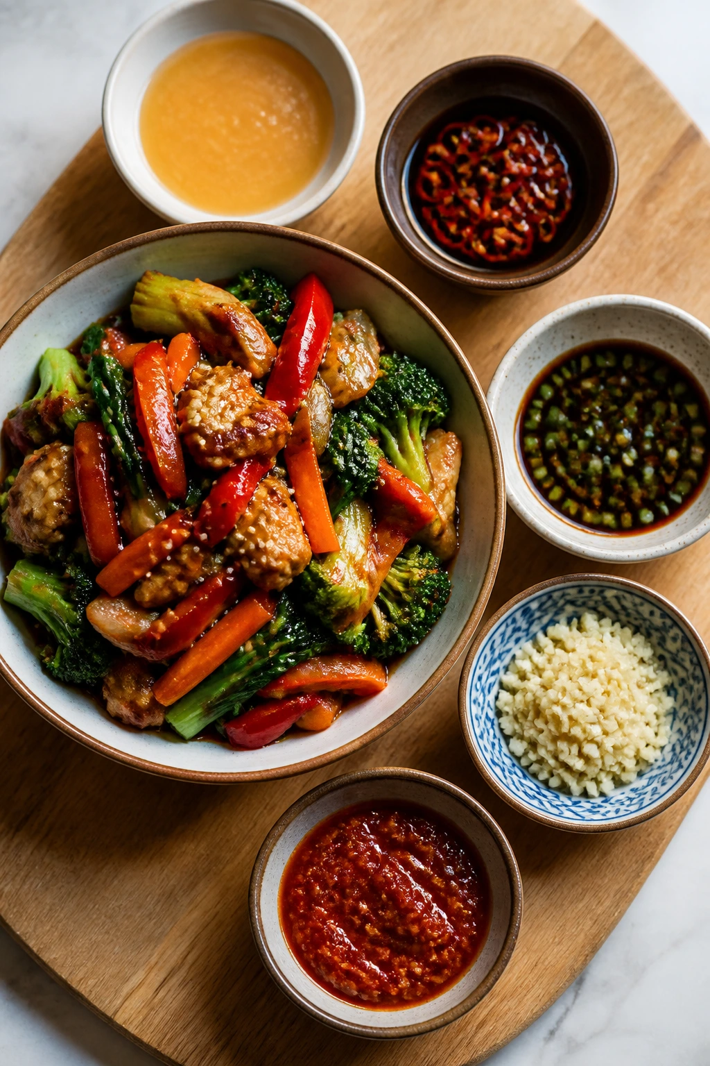 Top-down view of a board with multiple bowls of sauces around a central stir-fry, representing variations and adaptations.