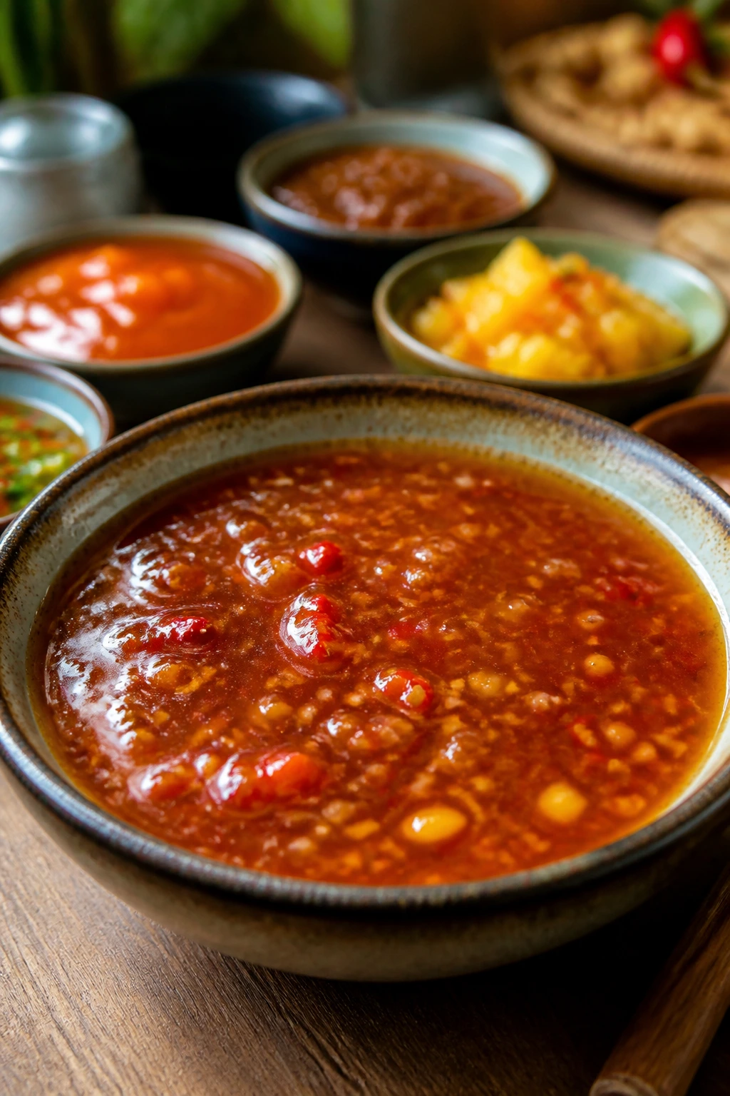 Glossy sauce in a bowl with multiple variation bowls in the background