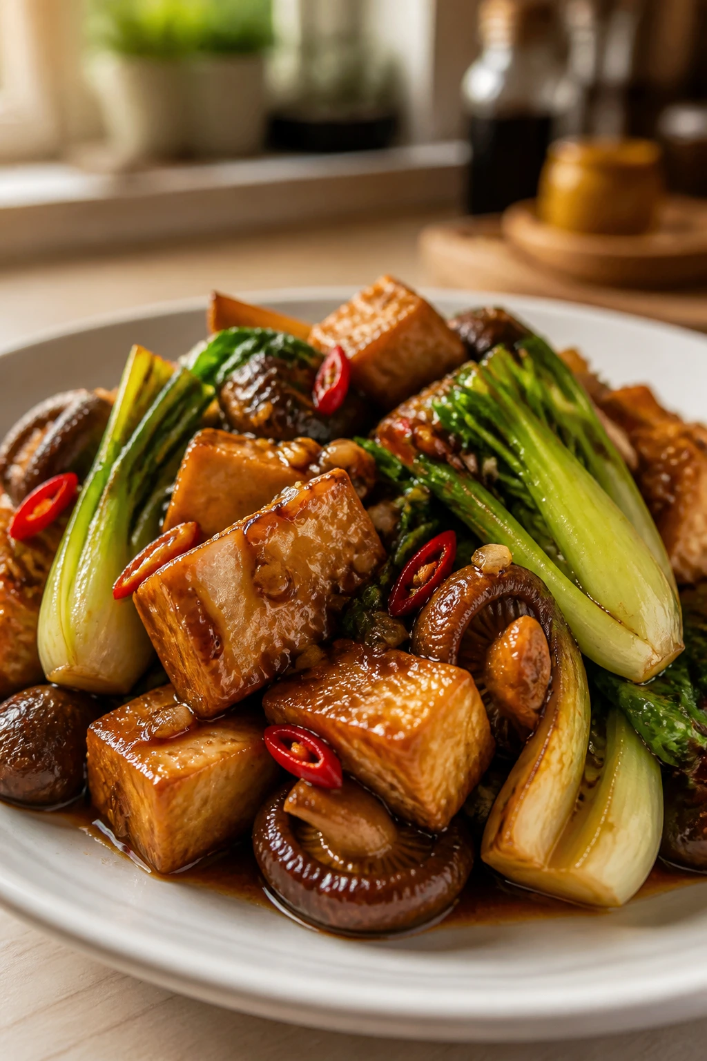 Tofu braise plated with mushrooms and bok choy