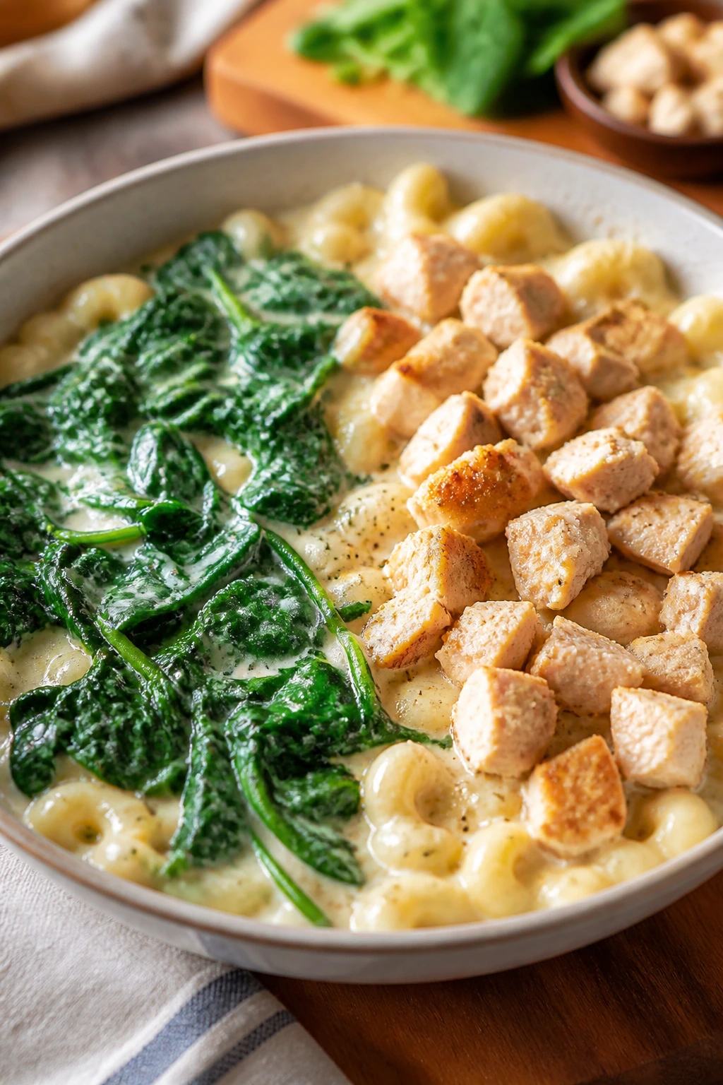 Creamy one-pot bowl split with spinach and chicken toppings
