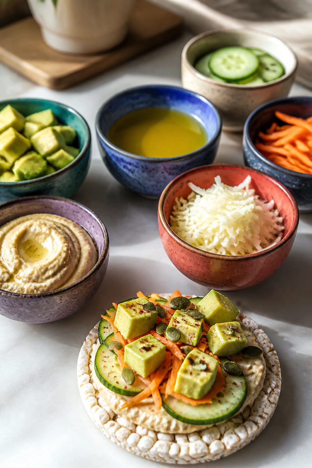 Colorful toppings bowls around a dairy-free snack base