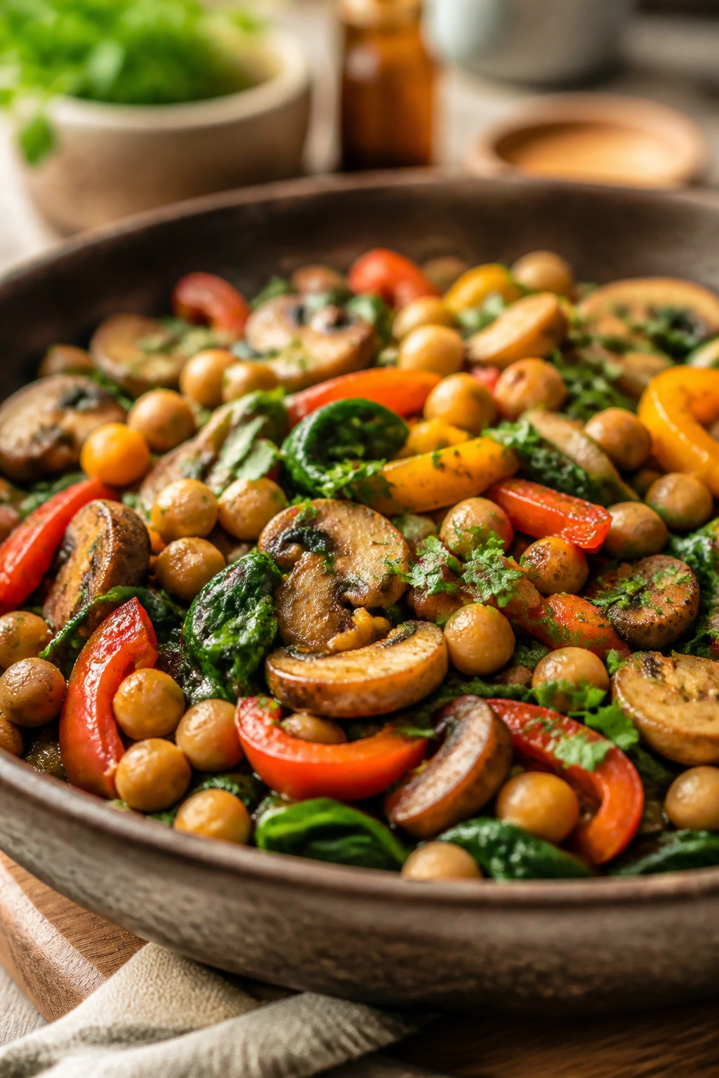 Colorful veggie-forward skillet dish with chickpeas and mushrooms