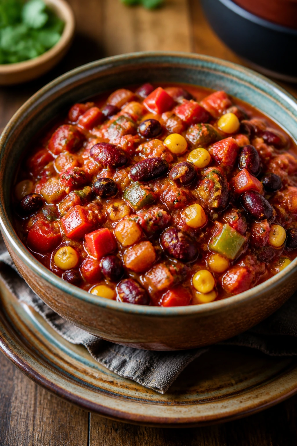Colorful bean chili in a rustic bowl on wood table