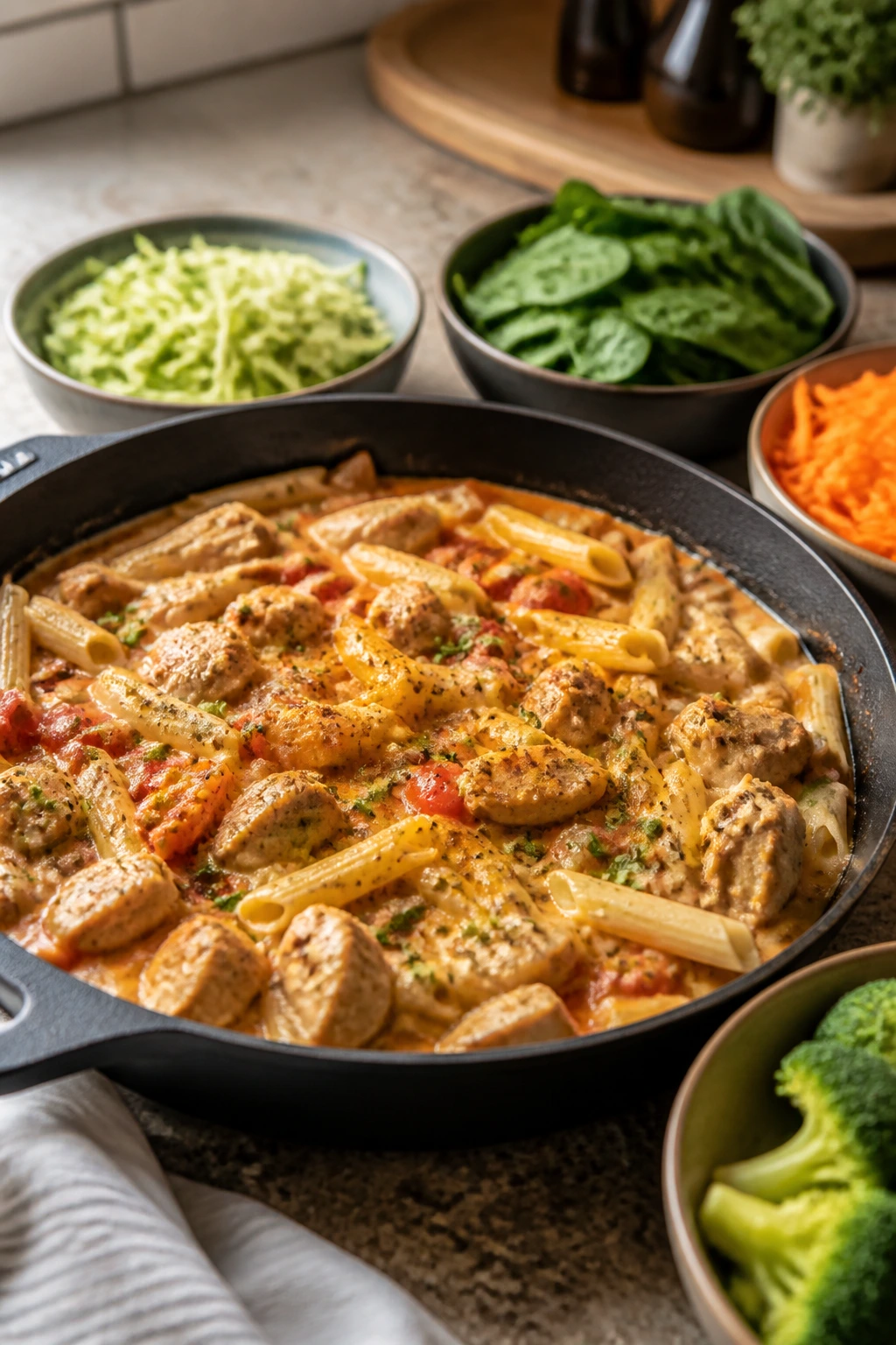 Plate with pasta or skillet dish and vegetables offered as variations