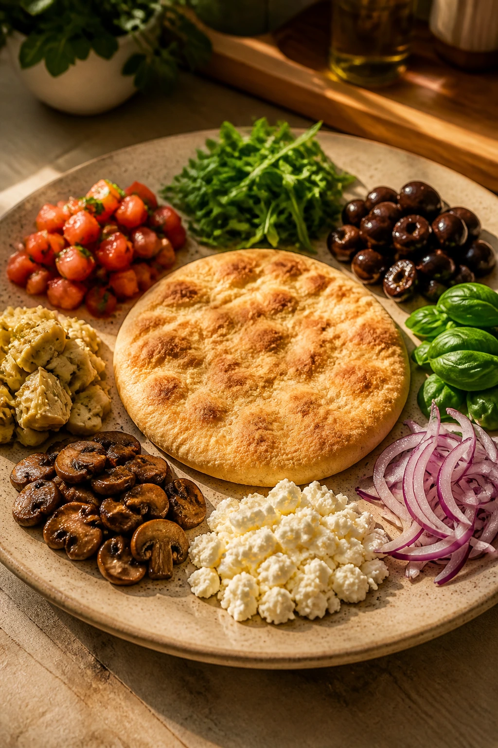 Close-up of a plate showing different toppings around a central dish to illustrate variations