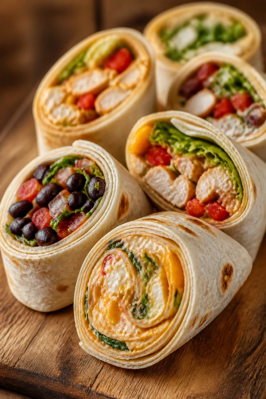 Close-up of a wrap roll-up sliced into wedges with varied fillings