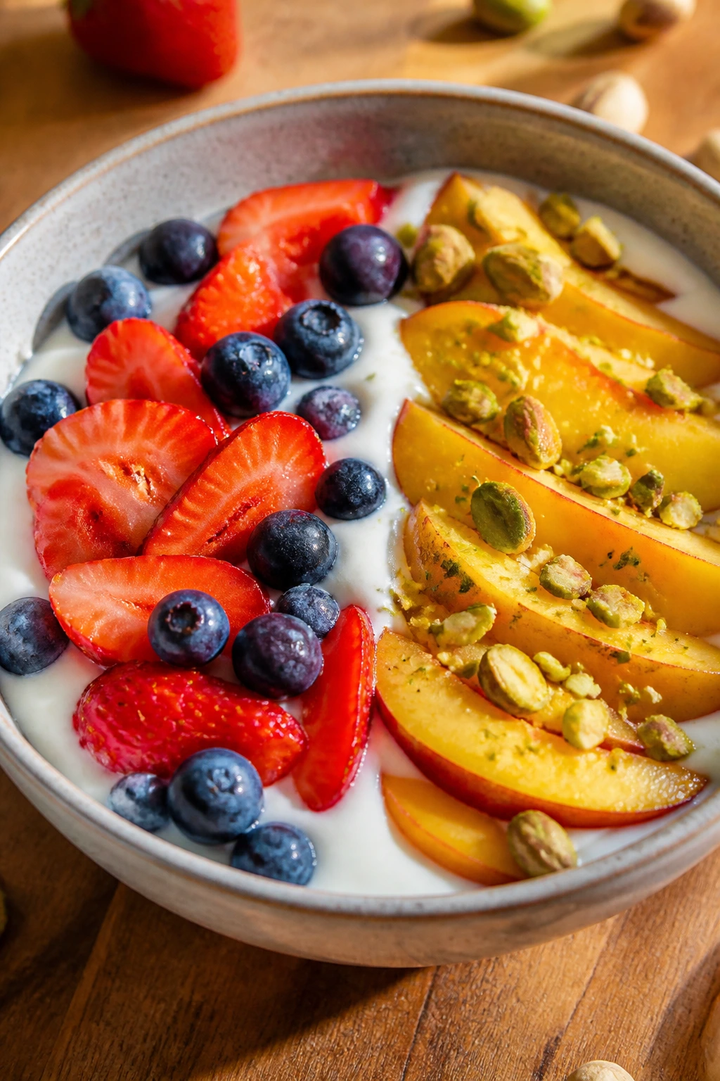Yogurt bowl showing two topping zones: berries and peaches with pistachios