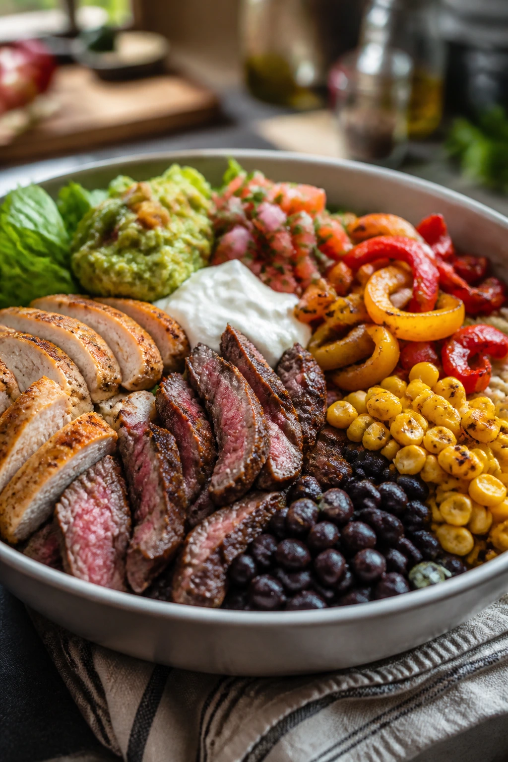 Burrito bowl with varied toppings and proteins for flavor variations