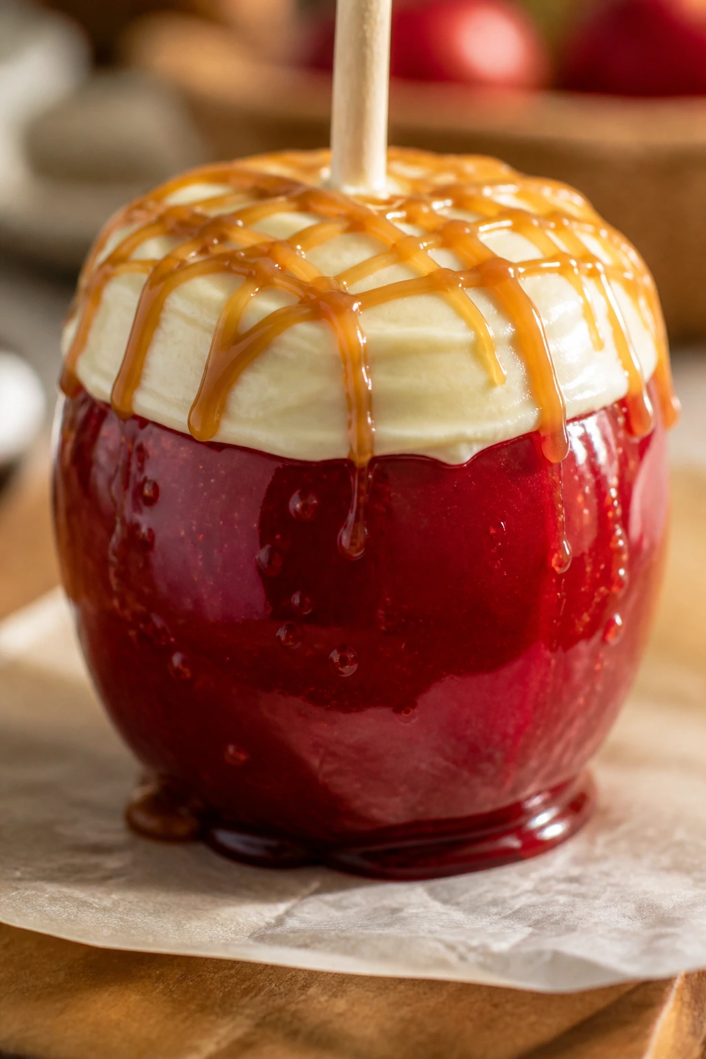 Candy apple with frosting band and caramel drizzle on crown